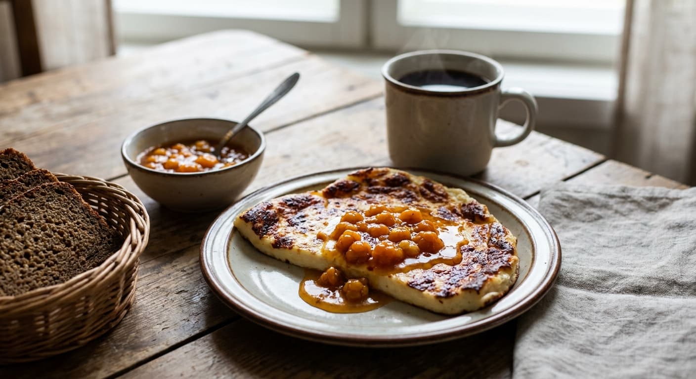 Finnish Oven-Baked Squeaky Cheese — Warm Bread Cheese with Cloudberry Jam - authentic finnish recipe