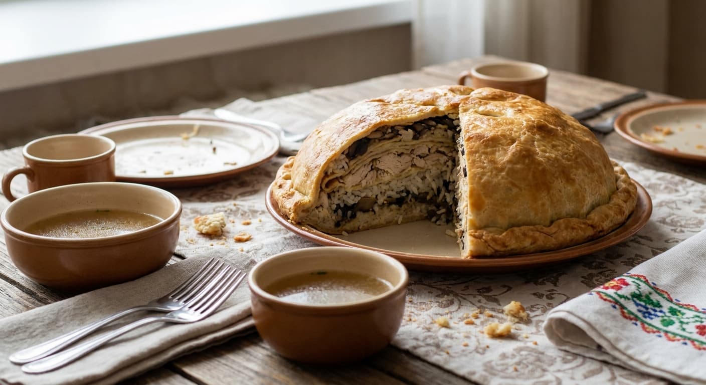 Kurnik — Russian Layered Chicken and Blini Pie - authentic russian recipe