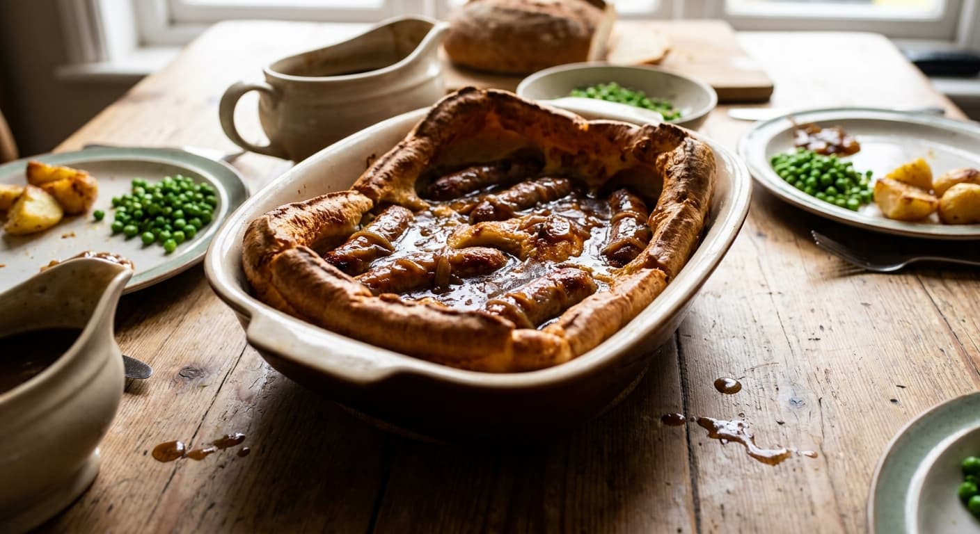 Toad in the Hole — Sausages Baked in Yorkshire Pudding Batter - authentic british recipe