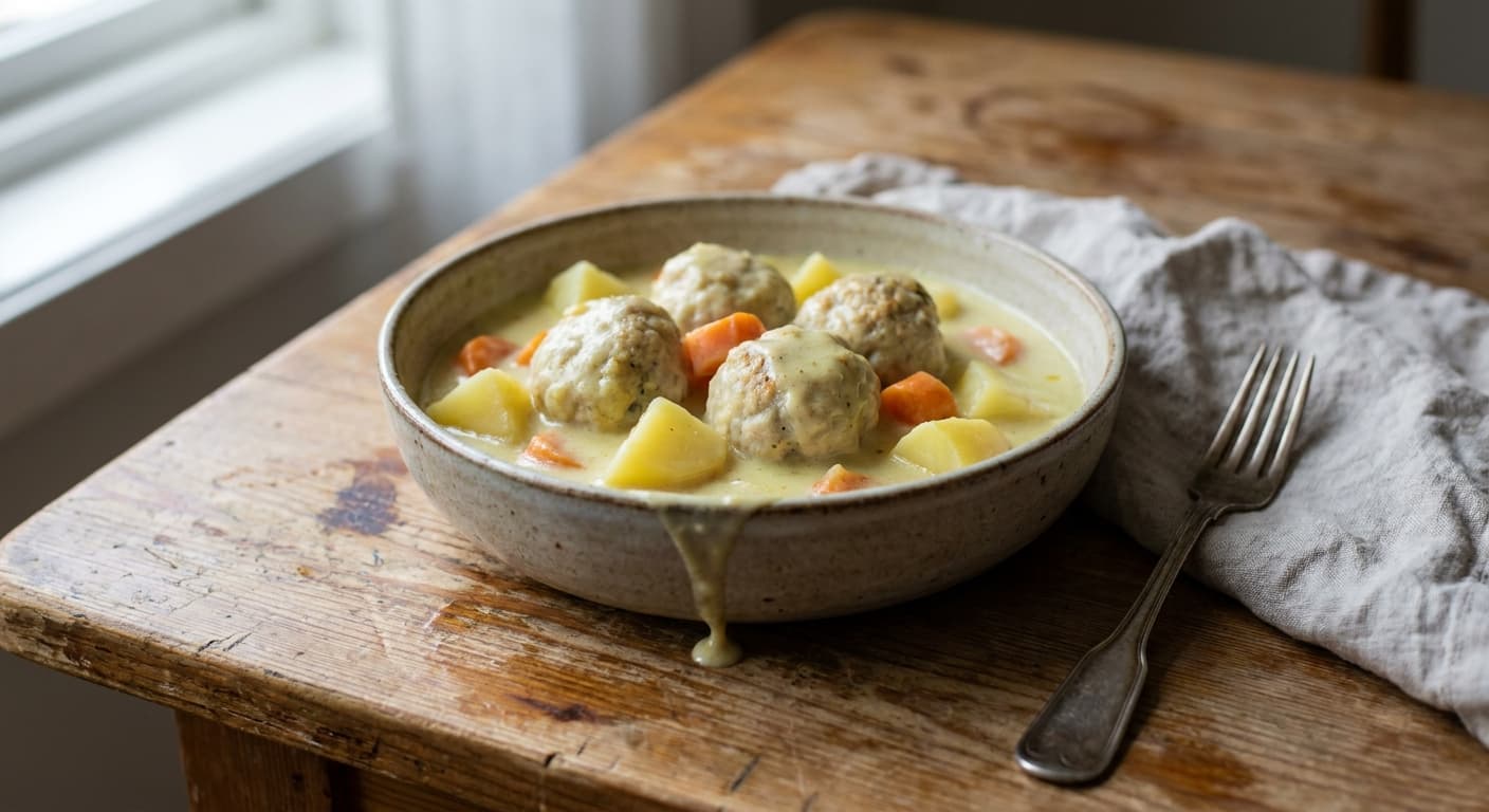 Norwegian Fish Balls — Tender whitefish dumplings in curry cream sauce - authentic norwegian recipe