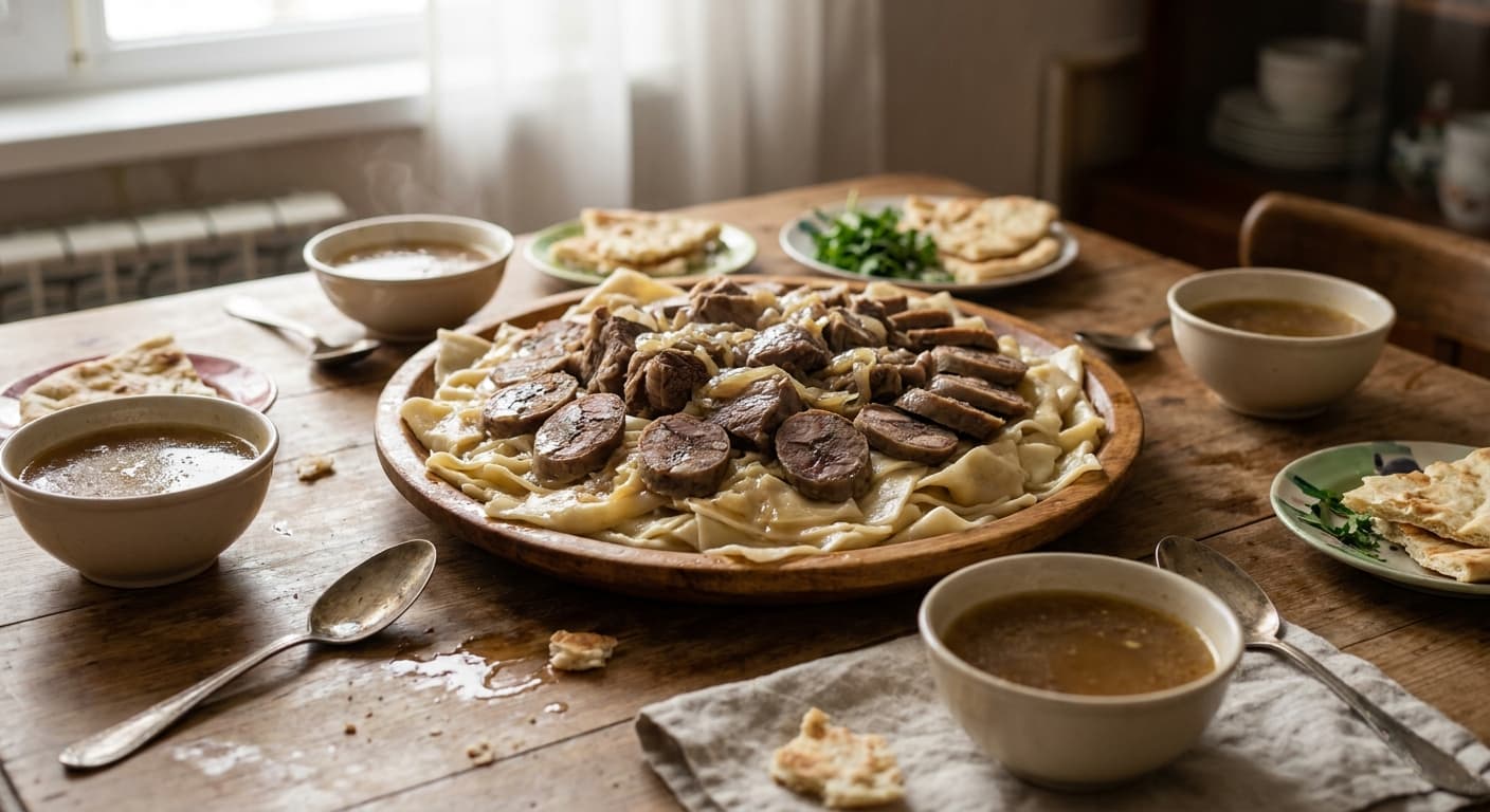 Kazakh Beshbarmak — Boiled Meat and Noodles in Onion Broth - authentic kazakh recipe