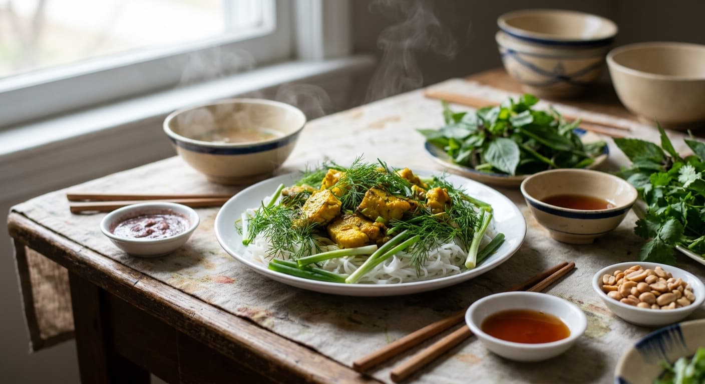 Hanoi Turmeric Fish with Dill — Sizzling Fish with Rice Noodles - authentic vietnamese recipe