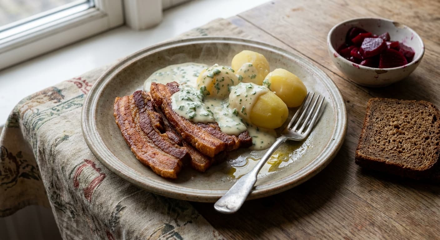 Danish Fried Pork Belly — Crisp Pork with Parsley Sauce - authentic danish recipe