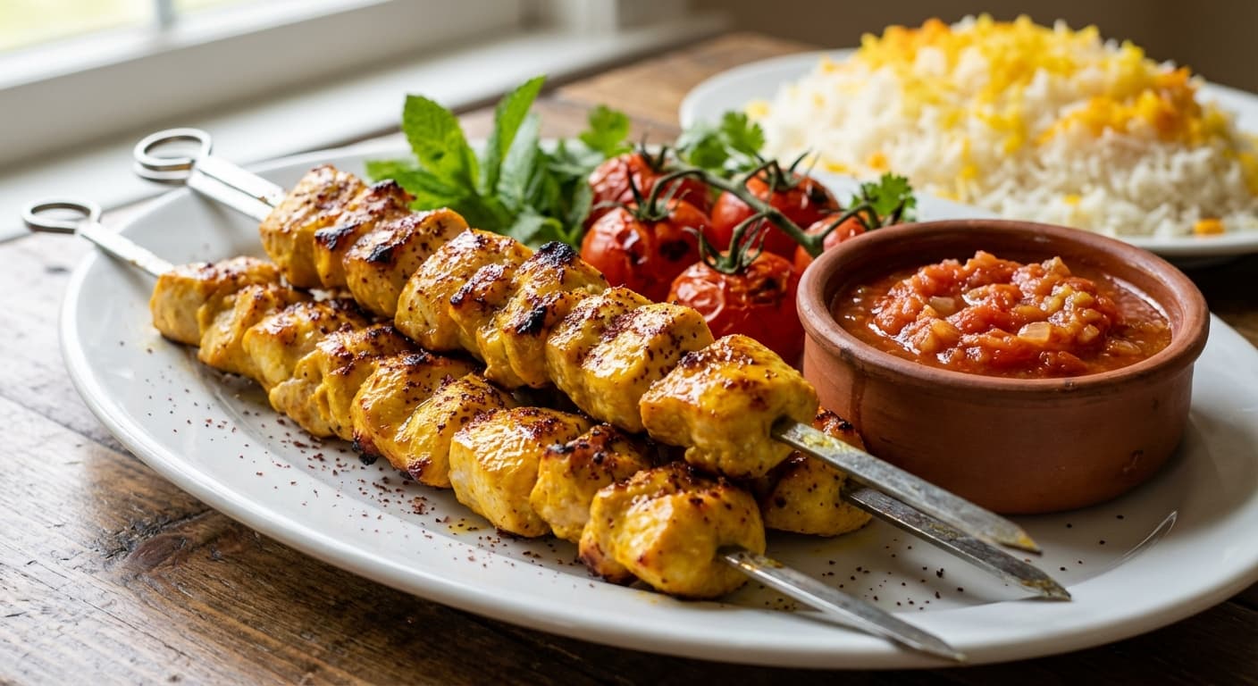 Jujeh Kabab — Saffron-Turmeric Chicken with Rustic Tomato Sauce - authentic persian recipe