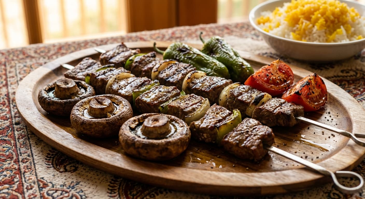 Kabâb-e Ghârch va Felfel — Persian Beef, Mushroom & Pepper Skewers - authentic persian recipe