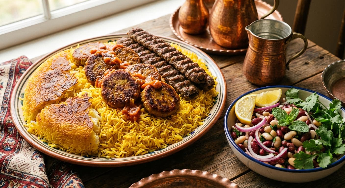 Kabab Tabei & Koobideh Platter ( ) — Persian Pan Kebabs with Saffron Rice - authentic persian recipe