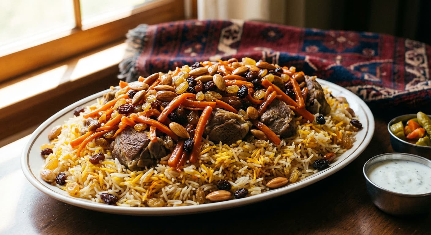 Kabuli Pulao — Afghan Aromatic Lamb Rice with Carrots and Raisins - authentic afghan recipe