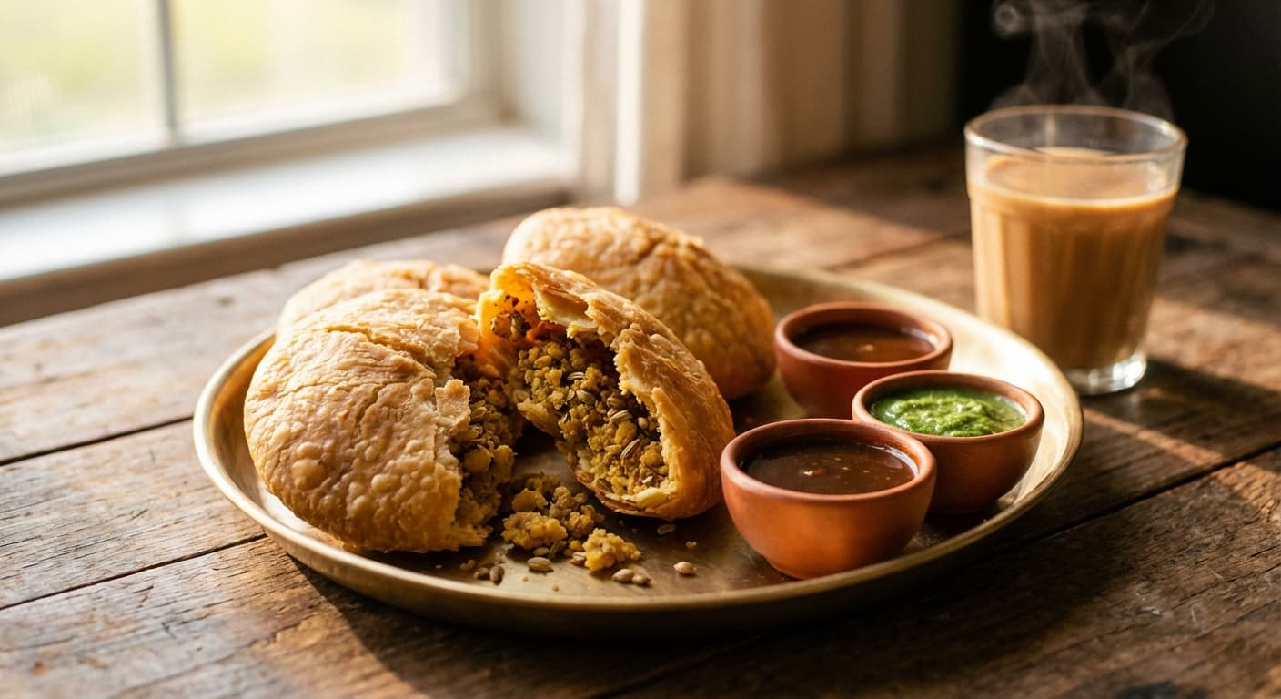 Kachori — Flaky fried pastry stuffed with spiced moong dal - authentic indian recipe