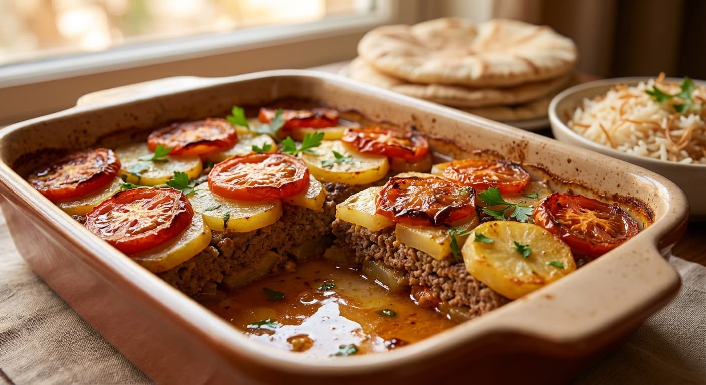 Kafta bil Sayniyeh — Lebanese Baked Kafta with Potato and Tomato - authentic lebanese recipe