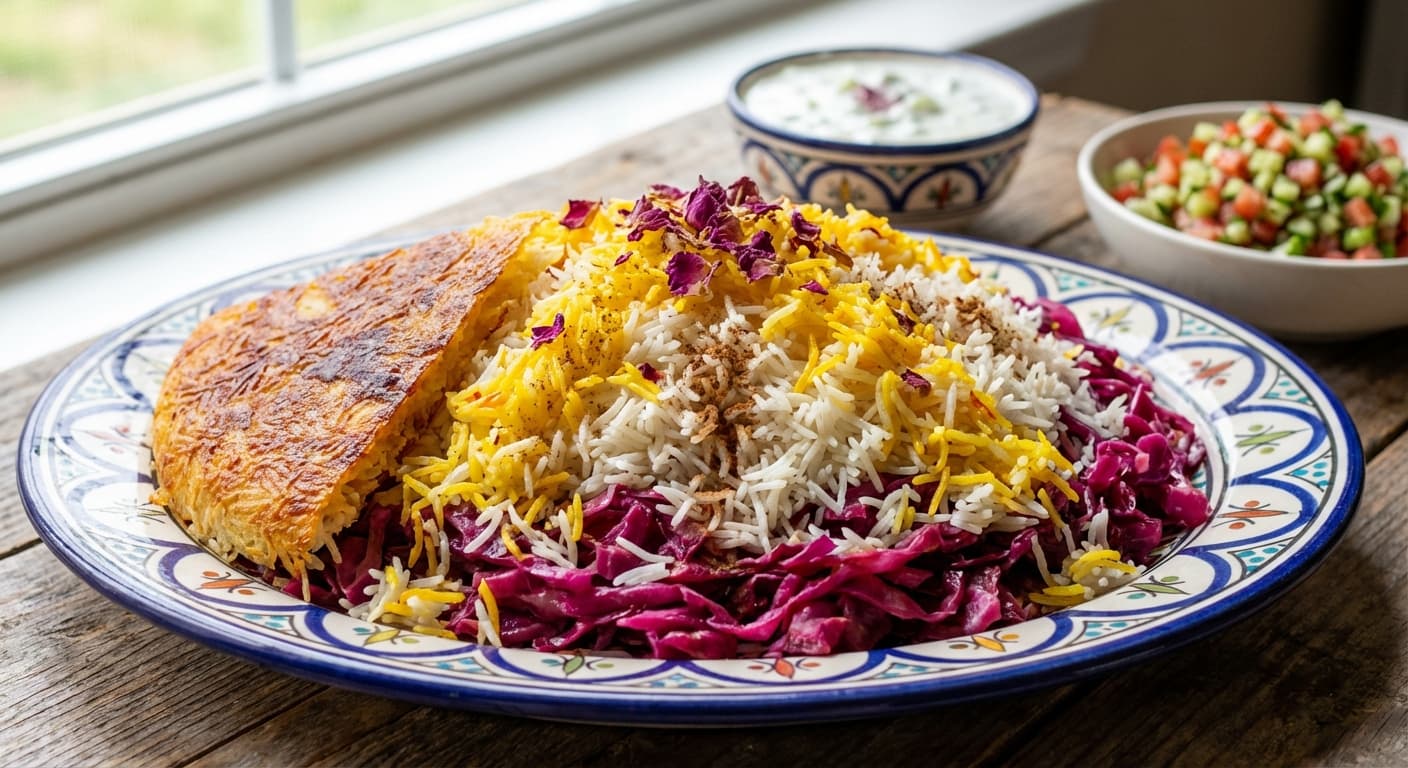 Kalam Polo Ghermez — Saffron Red Cabbage Rice with Chicken - authentic persian recipe