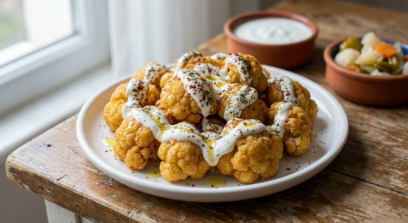 Karnabahar Kızartması — Turkish Fried Cauliflower with Garlic Yogurt - authentic turkish recipe