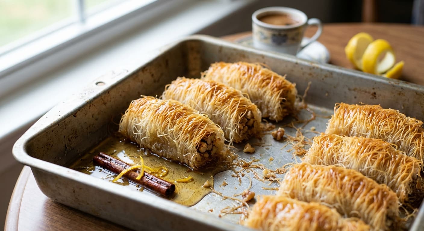 Kataifi — Shredded Phyllo Pastry with Walnut Filling and Syrup - authentic greek recipe