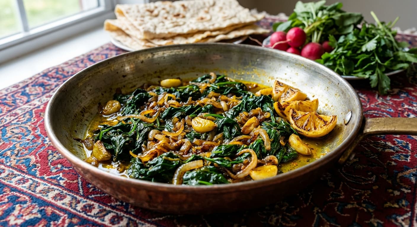 Khoraak Esfenaj va Seer — Persian Spinach and Garlic Sauté - authentic persian recipe