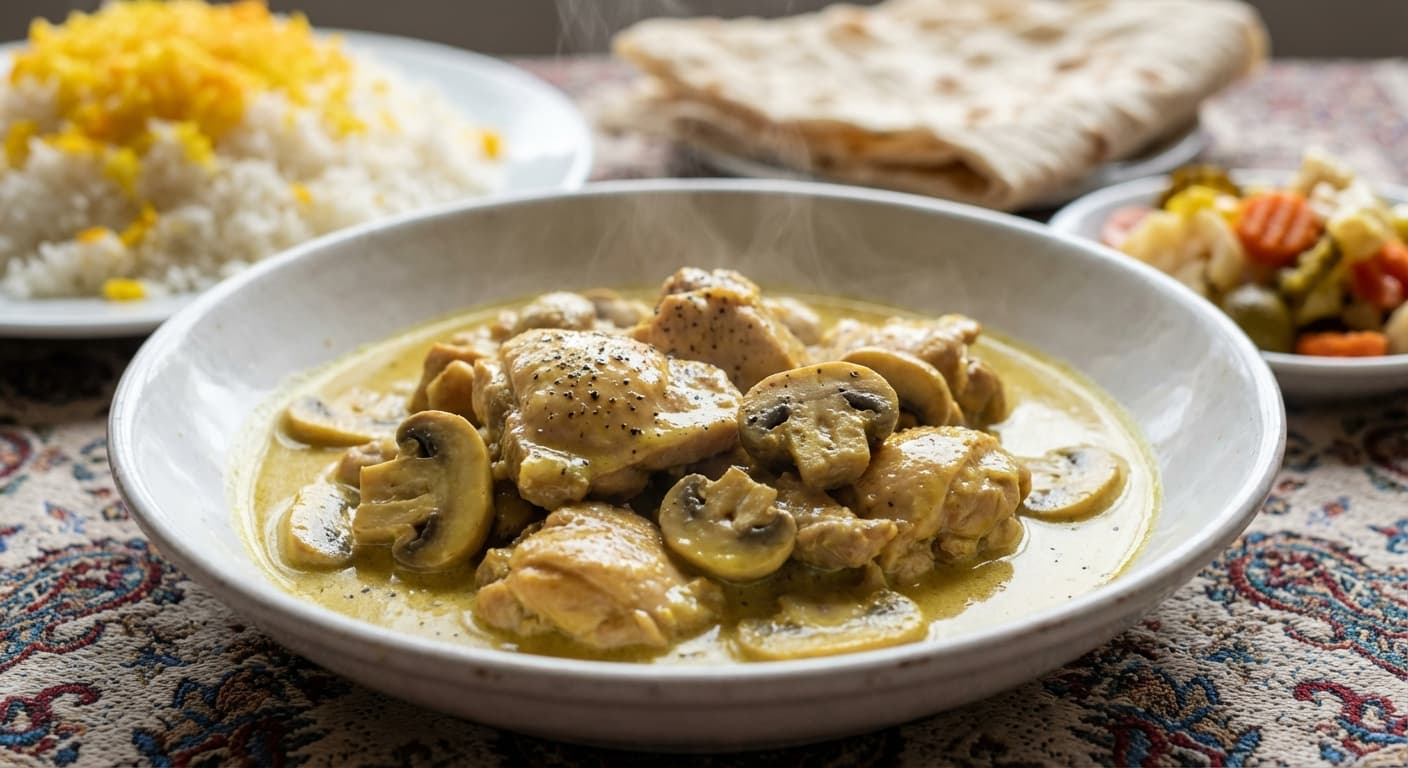 Khorak-e Morgh o Gharch — Persian Creamy Chicken and Mushroom Stew - authentic persian recipe
