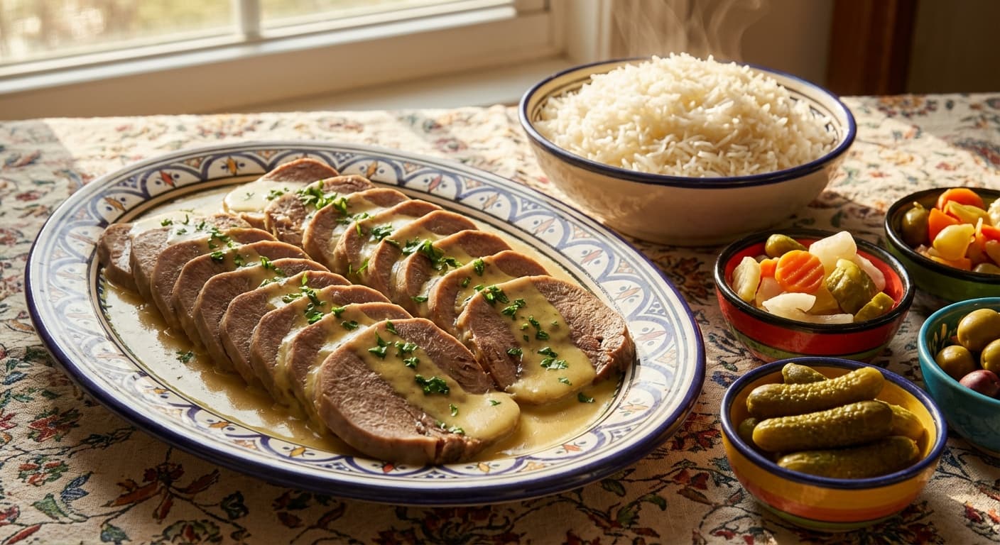 Khorak-e Zaban — Persian Braised Beef Tongue with Mushroom Sauce - authentic persian recipe