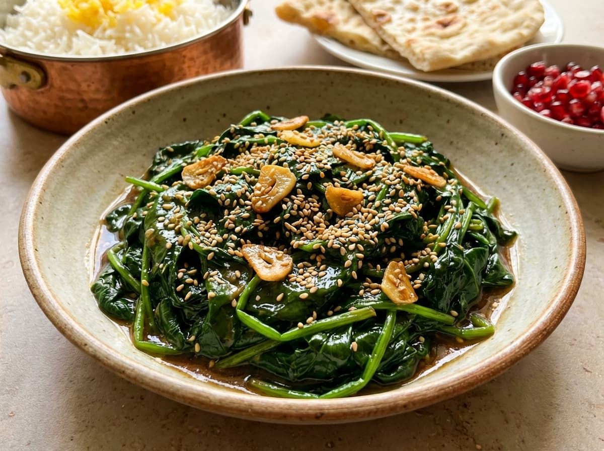 Khorak-e Esfanaj va Konjed — Persian Sesame Garlic Spinach - authentic persian recipe