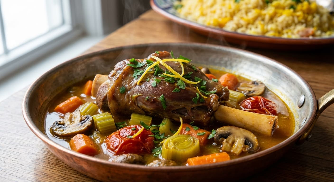 Khorak Mahicheh va Sabzijat — Persian Braised Lamb Shank with Garden Vegetables - authentic persian recipe