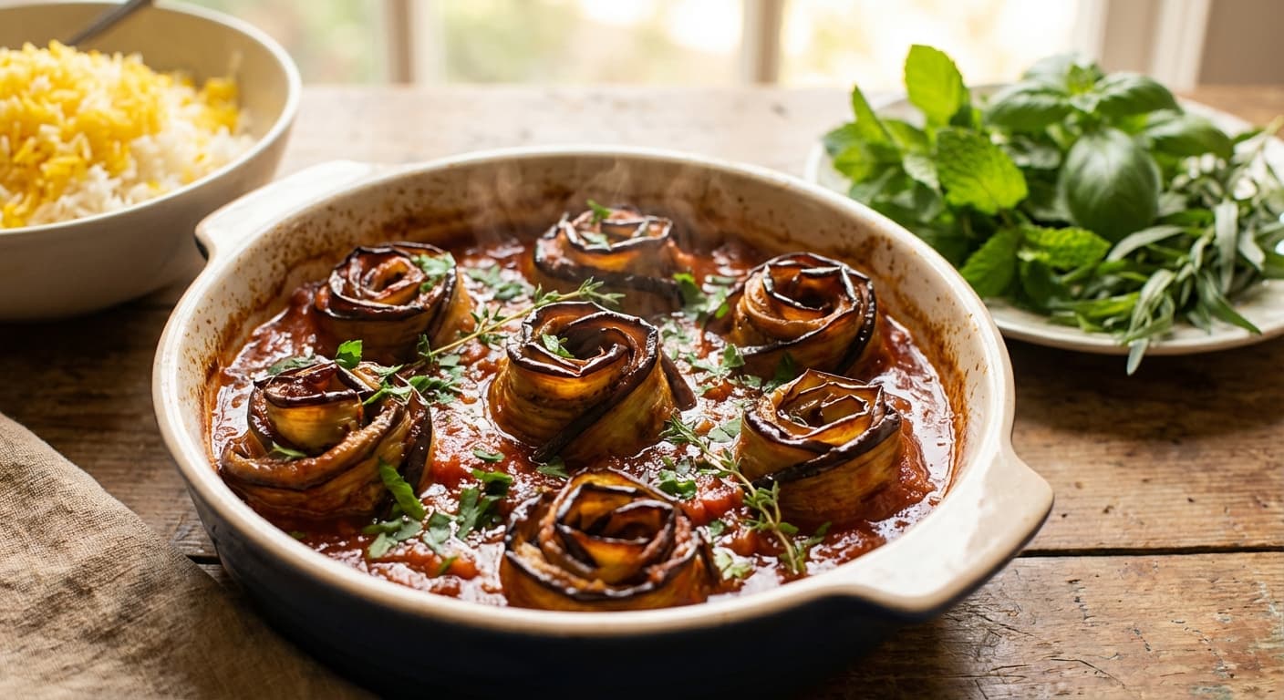 Khorak Roz-e Bademjan — Persian Eggplant Rose Bake with Spiced Meat Filling - authentic persian recipe