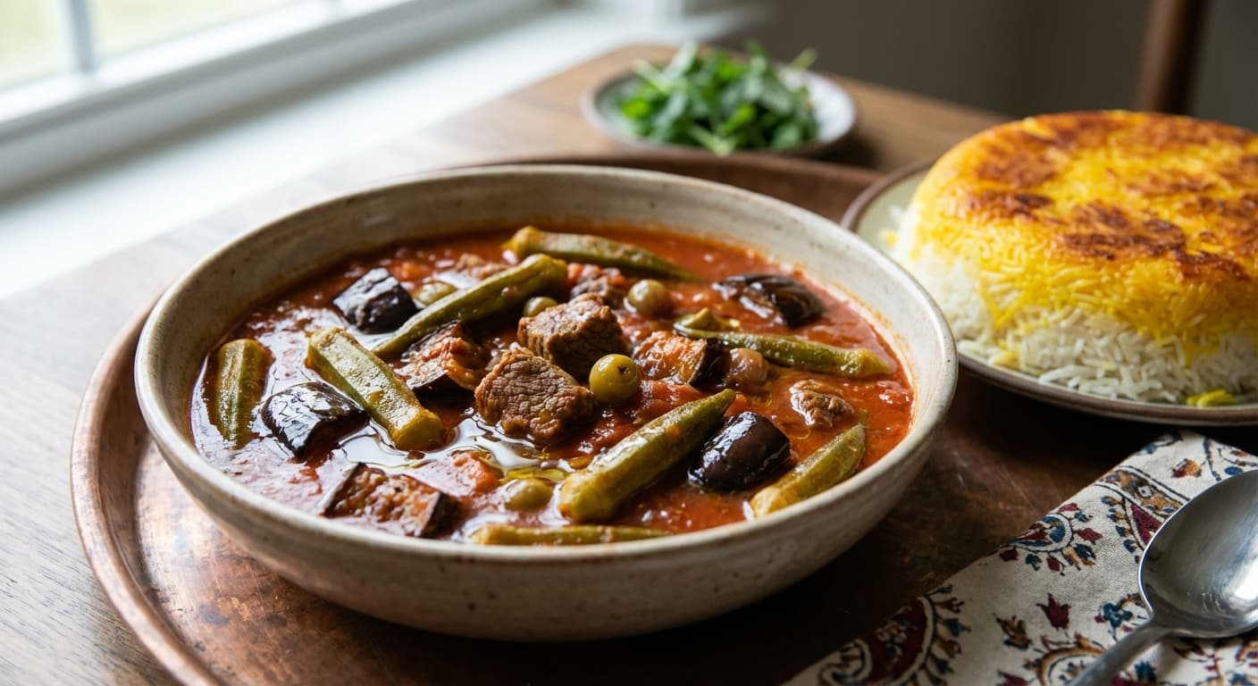 Khoresh Bamieh va Bademjan — Persian Okra and Eggplant Stew with Ghooreh - authentic persian recipe