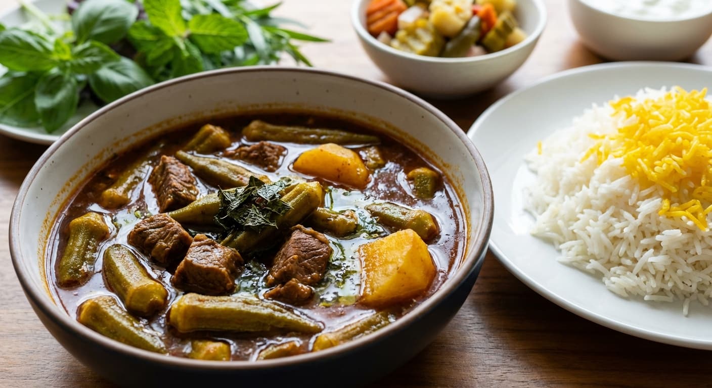 Khoresh Bamiyeh with Tamarind — Southern Iranian Tangy Okra Stew - authentic persian recipe