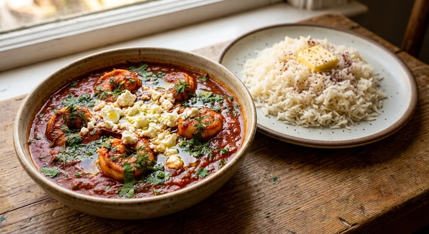 Khoresh Meygu — Persian Herb and Tomato Shrimp Stew with Feta - authentic persian recipe