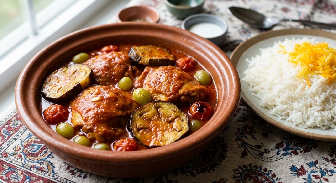 Khoresht Morgh-o-Bademjan — Persian Chicken & Eggplant Stew with Sour Grapes - authentic persian recipe