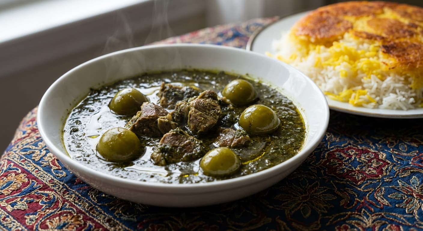 Khoresht Nana Jafari va Gojeh Sabz — Persian Mint, Parsley, and Green Plum Stew - authentic persian recipe