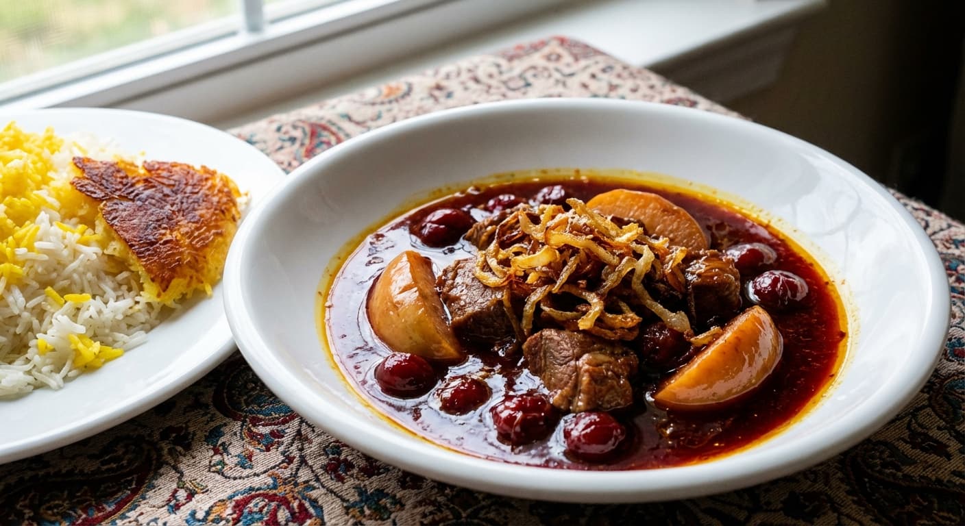Khoresht Sib o Albaloo — Persian Sweet-and-Sour Apple & Sour Cherry Stew - authentic persian recipe