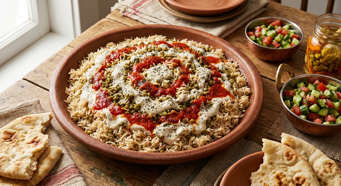 Kichiri Qoroot — Afghan mung-bean rice with tangy dried-yogurt sauce - authentic afghan recipe