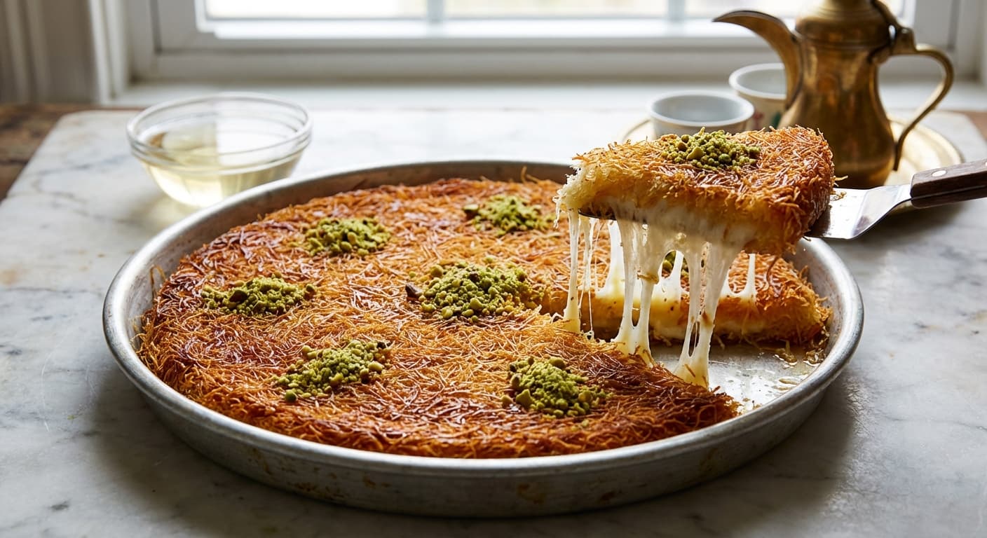 Knafeh — Lebanese Cheese-Filled Pastry with Orange Blossom Syrup - authentic lebanese recipe