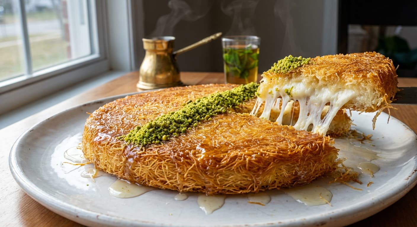 Knafeh — Lebanese Sweet Cheese Pastry with Orange Blossom Syrup - authentic lebanese recipe