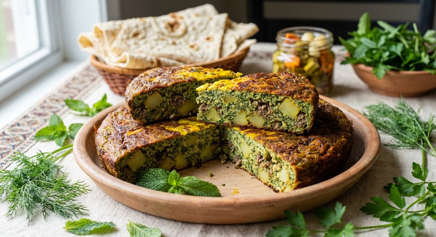 Kokooye Khanom Jaan — Persian Herb and Meat Frittata - authentic persian recipe