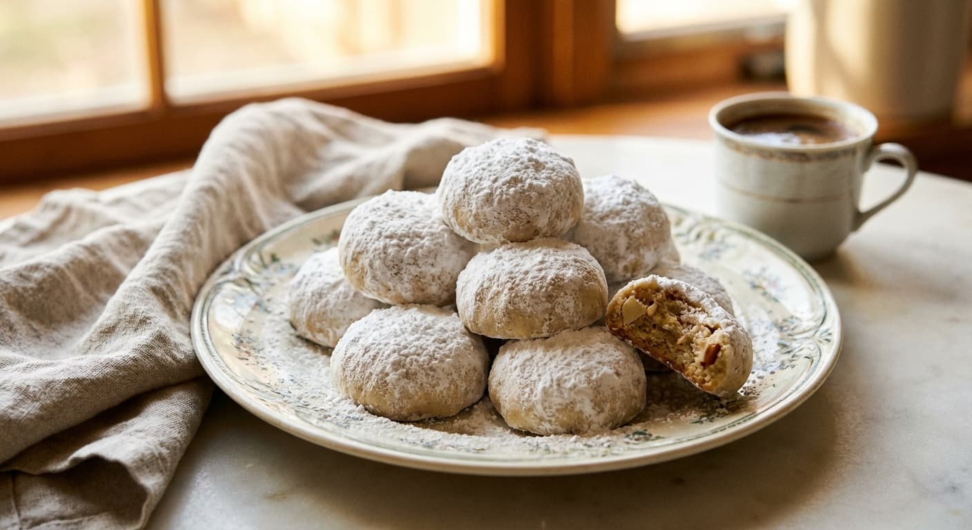 Kourabiedes — Greek Almond Butter Cookies Dusted with Powdered Sugar - authentic greek recipe