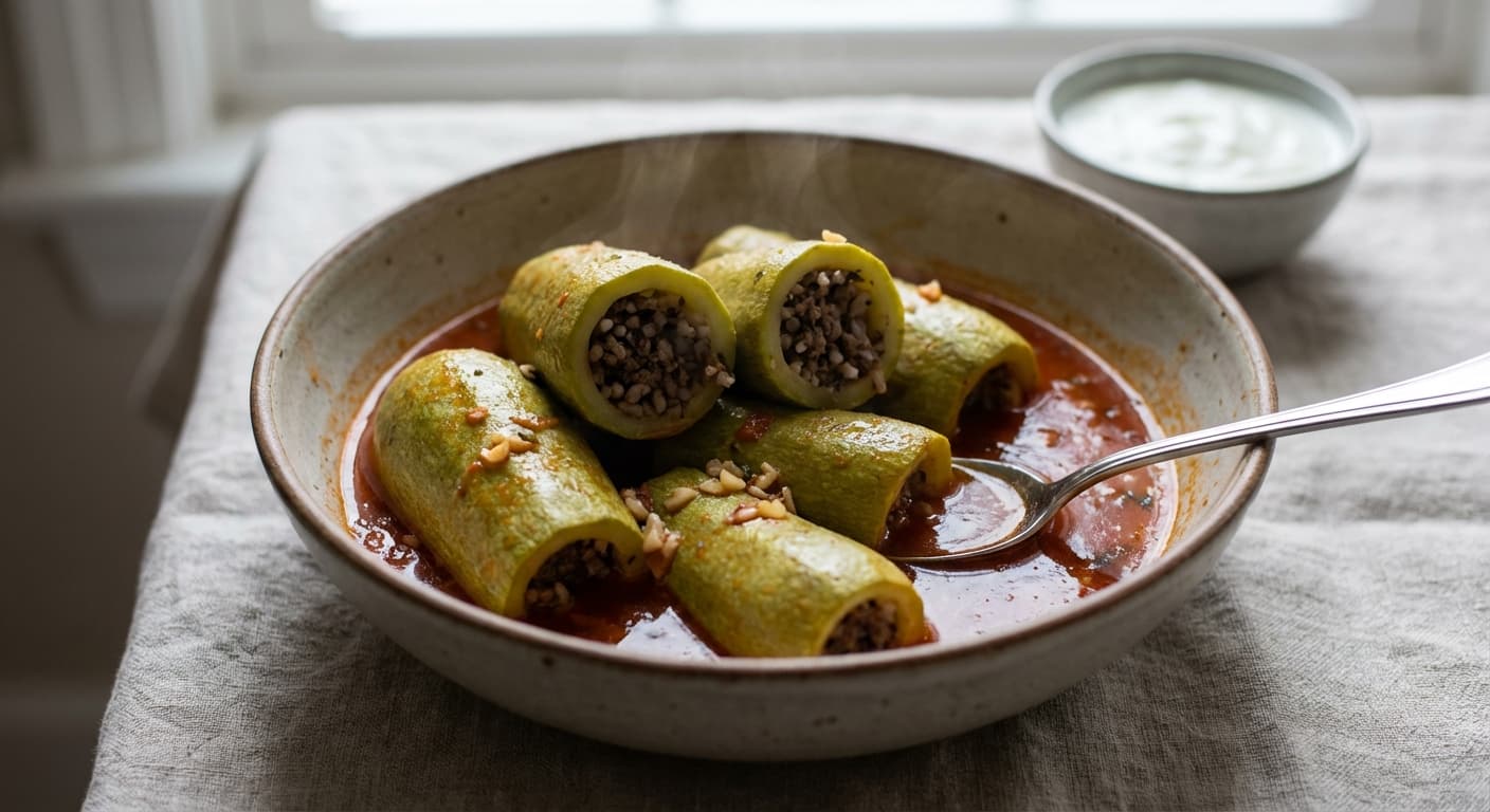 Kousa Mahshi — Lebanese Stuffed Zucchini in Tangy Tomato Broth - authentic lebanese recipe
