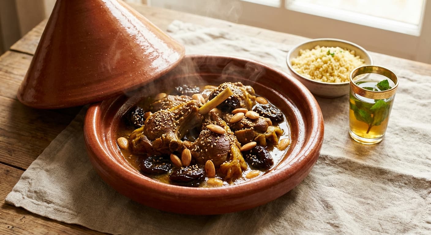 Lamb Tagine with Prunes and Almonds — Moroccan sweet-and-savory saffron stew - authentic moroccan recipe