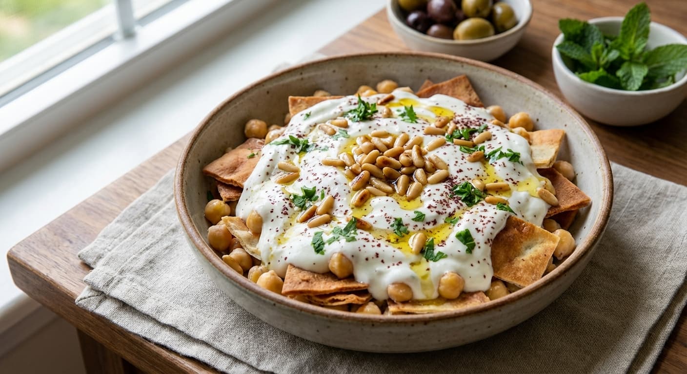 Lebanese Fatteh — Chickpeas, toasted pita, yogurt, and pine nuts - authentic lebanese recipe