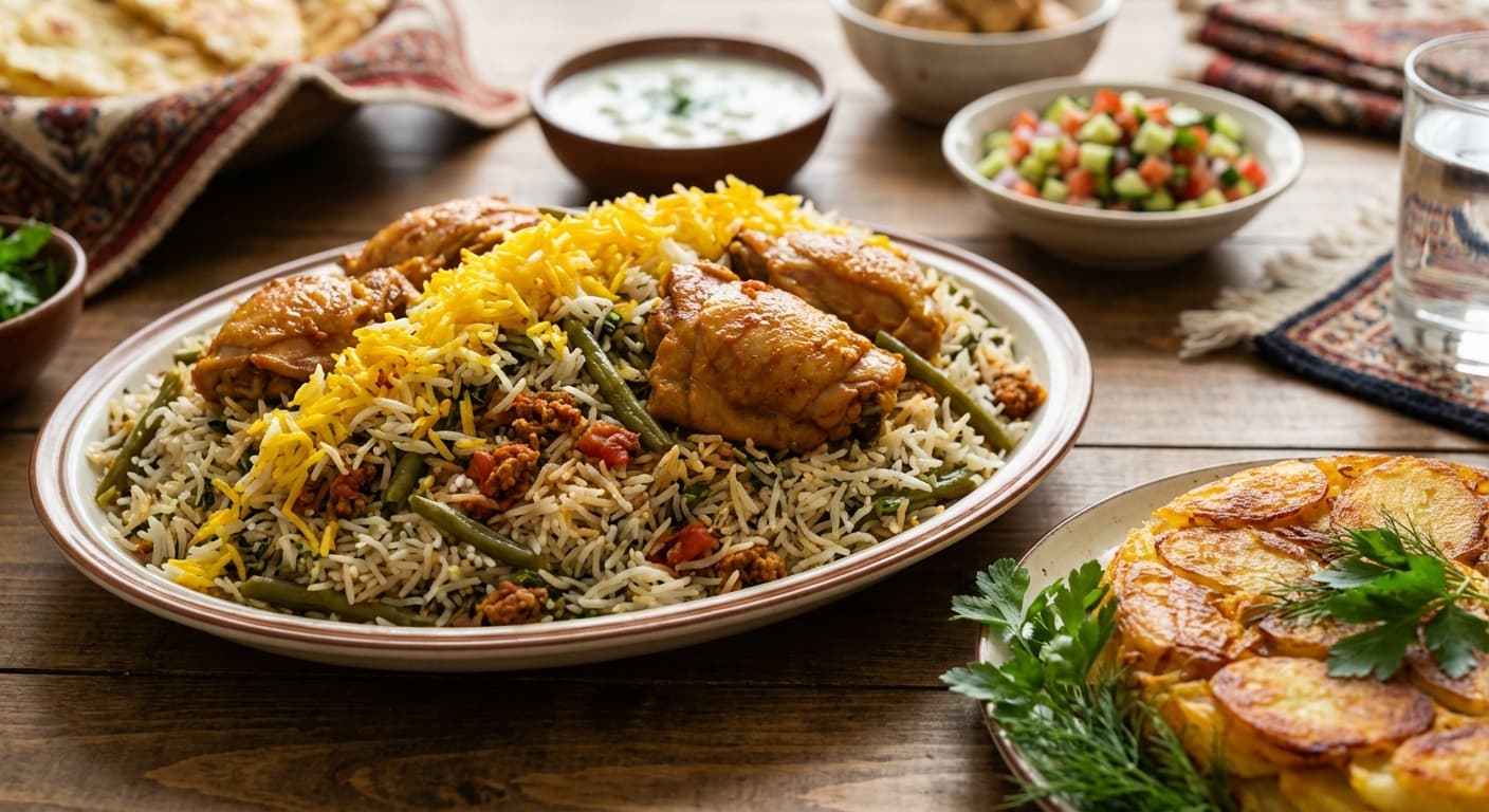 Lobia Polo ba Sabzi — Saffron Herb Rice with Green Beans and Chicken - authentic persian recipe