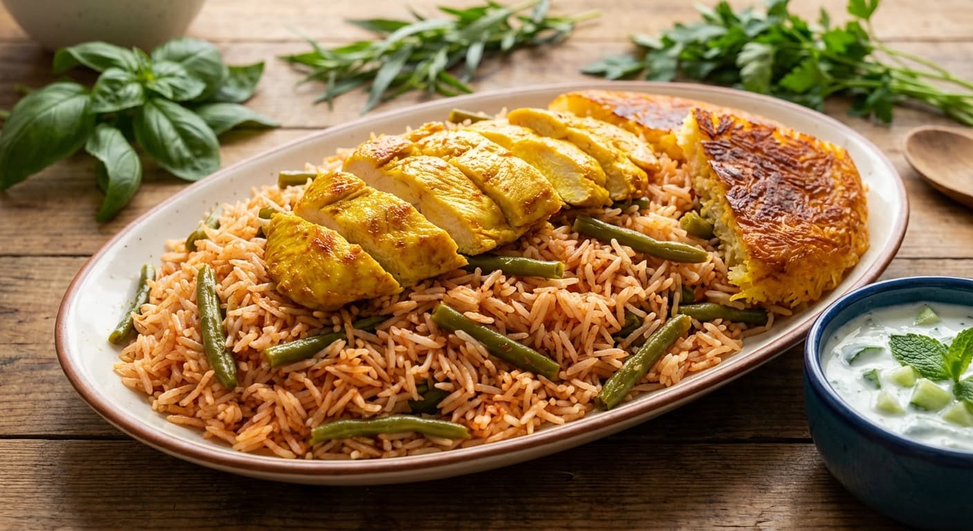 Loobia Polo ba File Murg — Persian Green Bean Rice with Saffron Chicken - authentic persian recipe