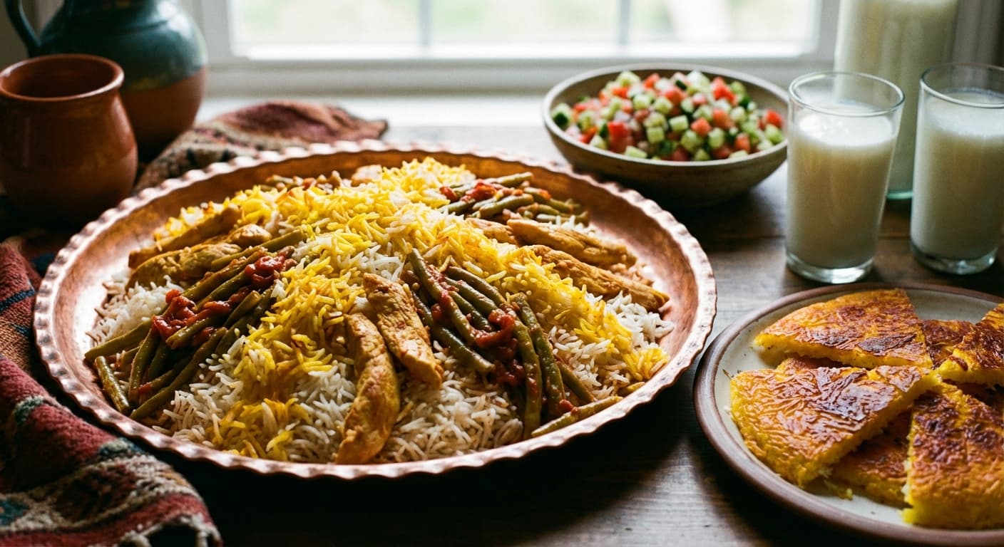 Loobia Polo ba Fileh Morgh — Saffron Green Bean Rice with Chicken - authentic persian recipe