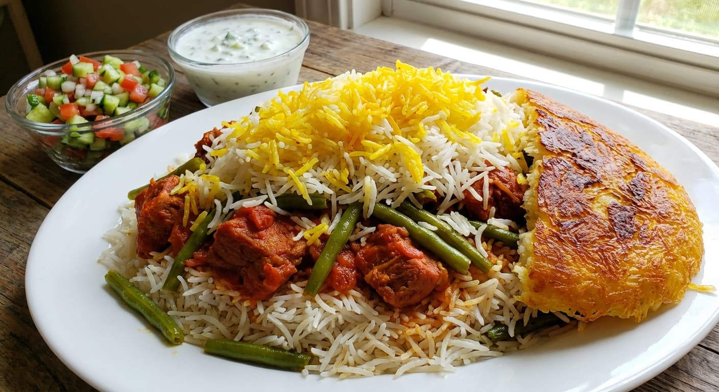 Green Bean Rice with Tomato and Lamb - authentic persian recipe