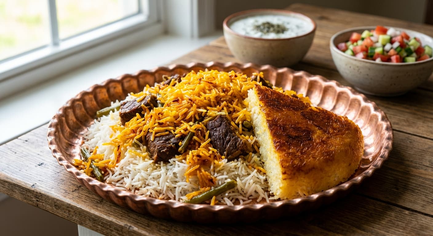 Loobia Polo — Persian Green Bean Rice with Saffron and Beef - authentic persian recipe