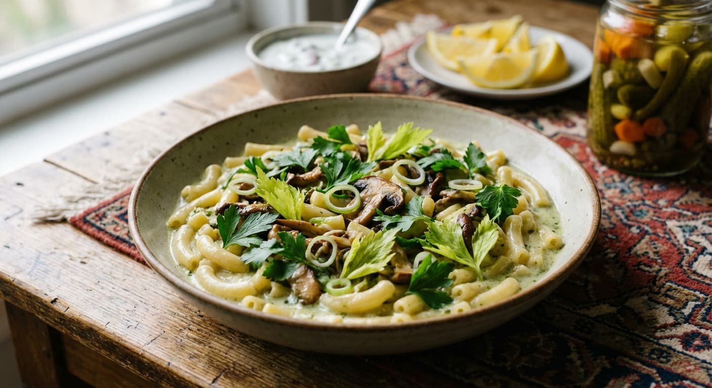 Macaroni with Garona Sauce — Herb-Infused Creamy Pasta with Green Garlic - authentic persian recipe