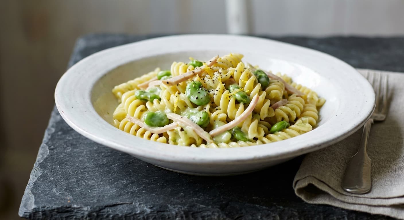 Makaroni ba Sos-e Baghela — Spiral Pasta with Creamy Broad Bean & Leek Sauce - authentic persian recipe