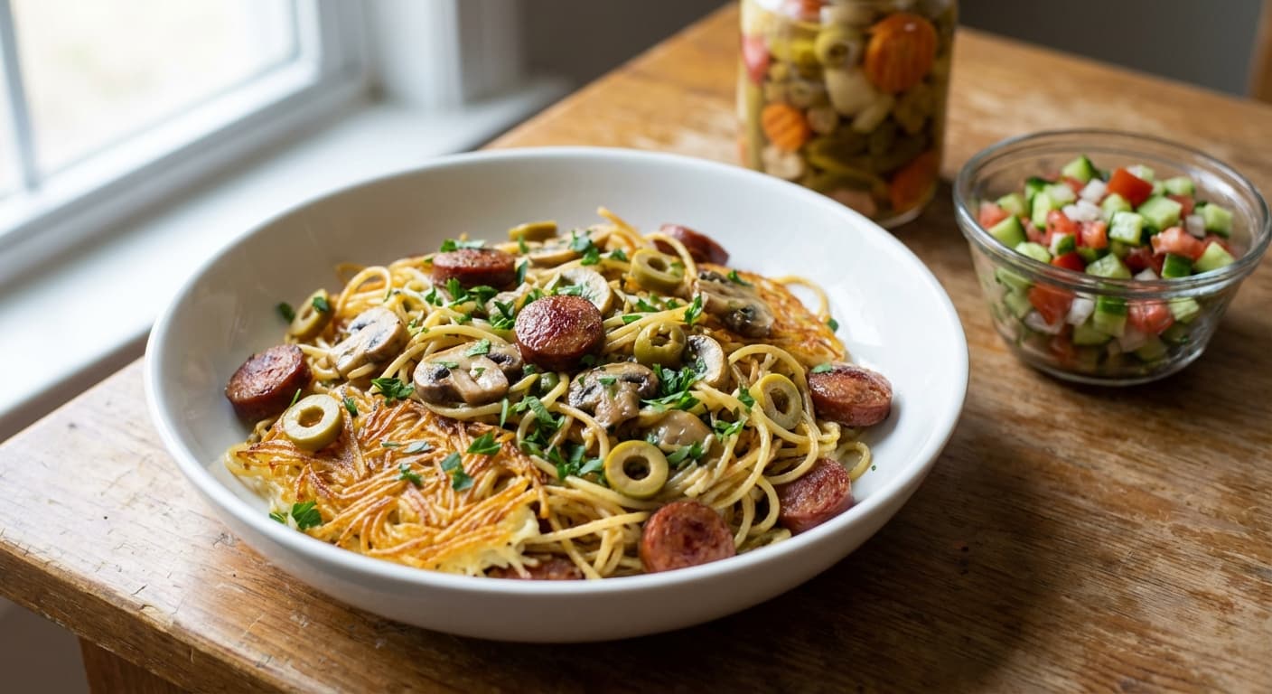 Makaroni ba Sosis va Zeytoon — Persian-Style Pasta with Sausage, Olives, and Creamy Lemon Finish - authentic persian recipe