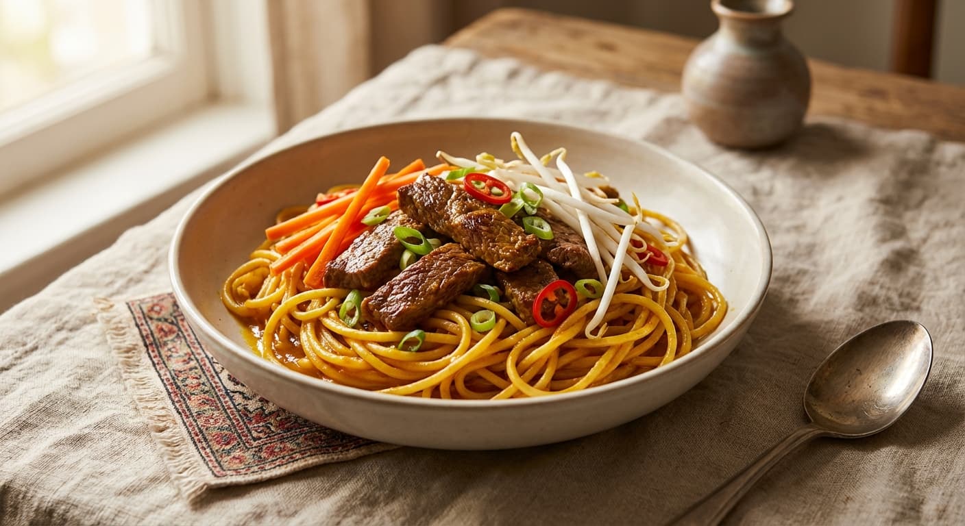 Makaroni Goosht Gosaleh — Persian-Style Beef Pasta with Sprouts - authentic persian recipe