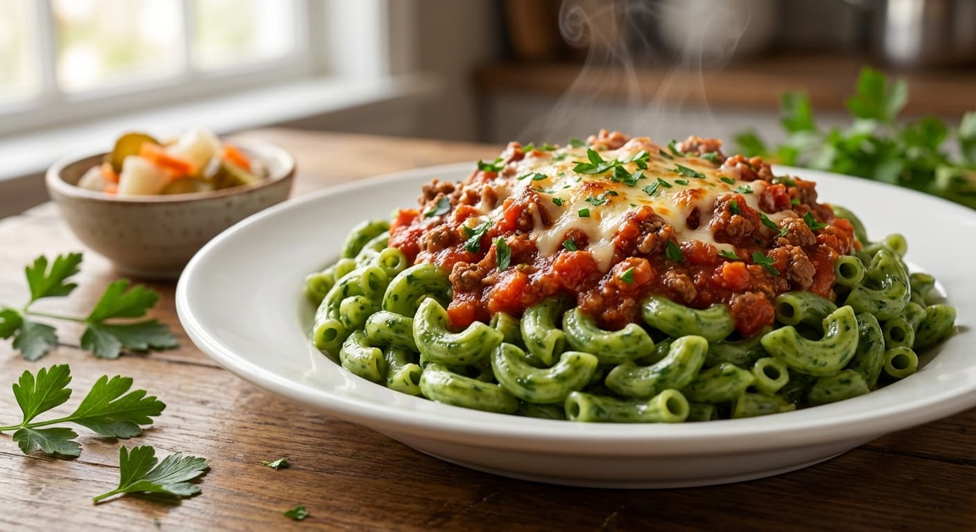 Makaroni Sabz ba Goosht — Persian Green Macaroni with Savory Meat Sauce - authentic persian recipe