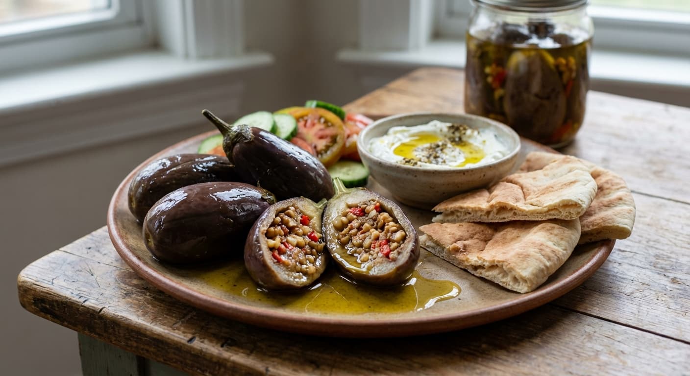 Makdous — Lebanese Stuffed Baby Eggplants Preserved in Olive Oil - authentic lebanese recipe