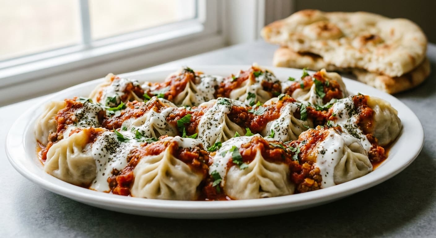 Mantu — Afghan Steamed Dumplings with Yogurt and Meat Sauce - authentic afghan recipe