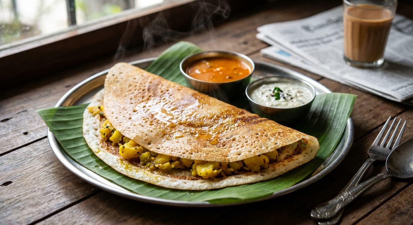 Masala Dosa — Crispy Fermented Rice Crepe with Spiced Potato - authentic indian recipe