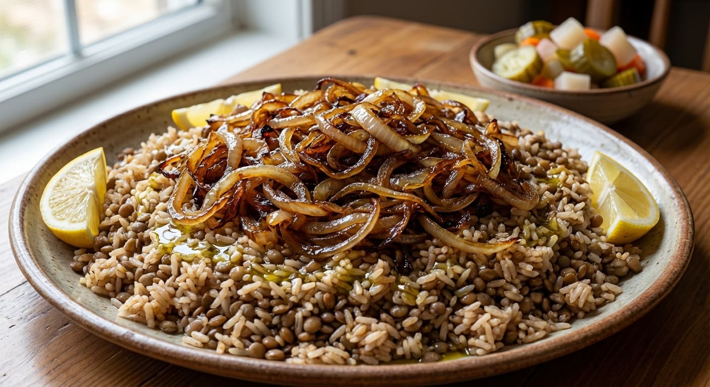 Mdardara — Lebanese Lentil-Rice with Deep Caramelized Onions - authentic lebanese recipe
